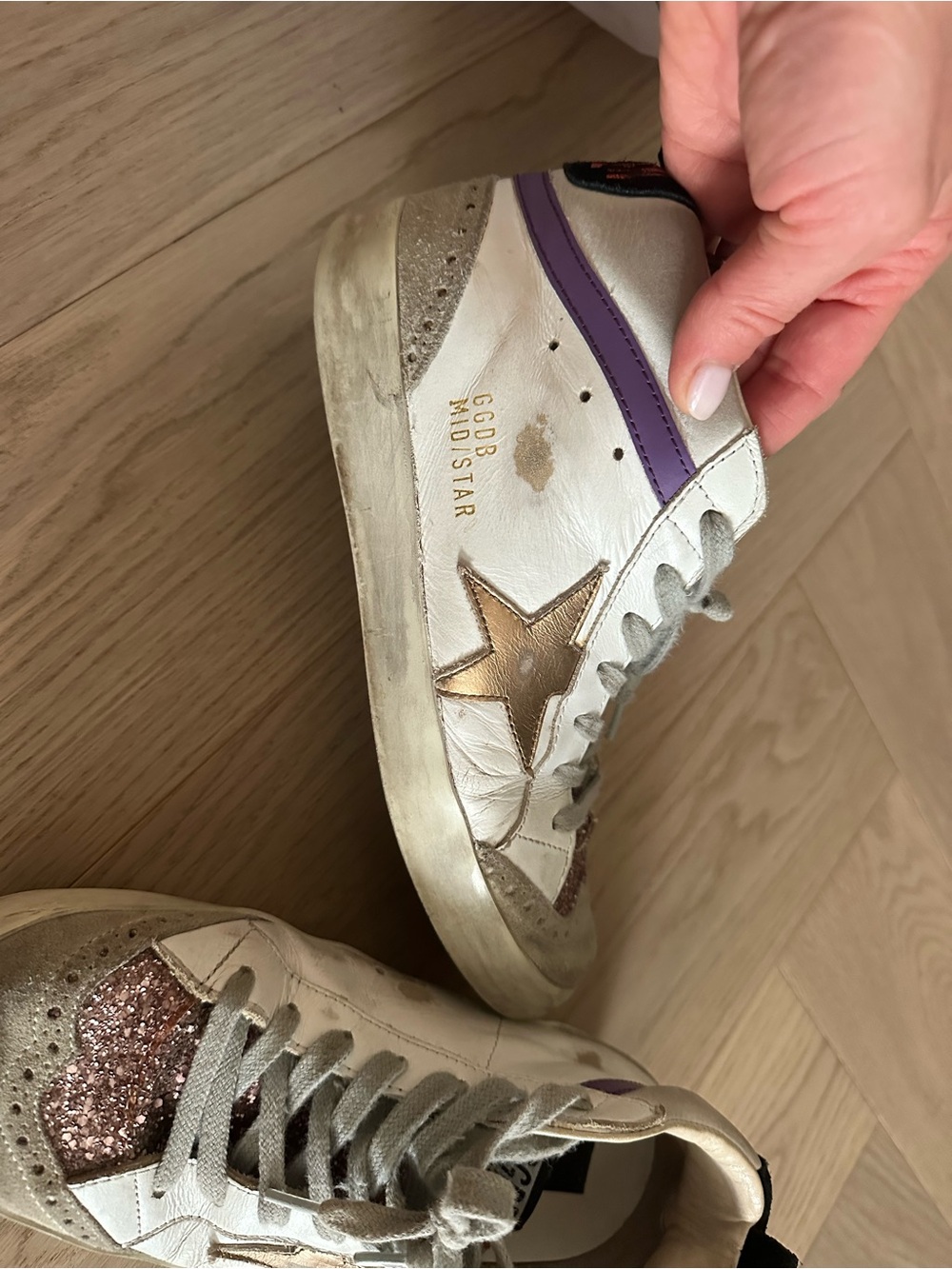 Golden Goose White Leather Sneakers with Gold Star and pink glitter
